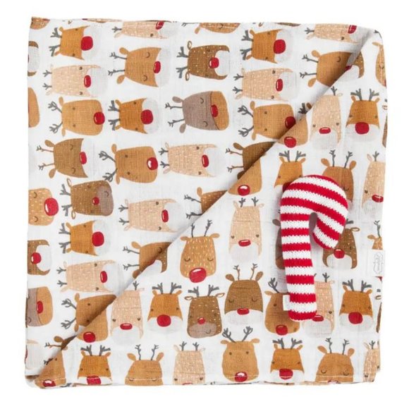 Mud Pie Reindeer Swaddle Blanket & Candy Cane Rattle Set - Picture 1 of 4